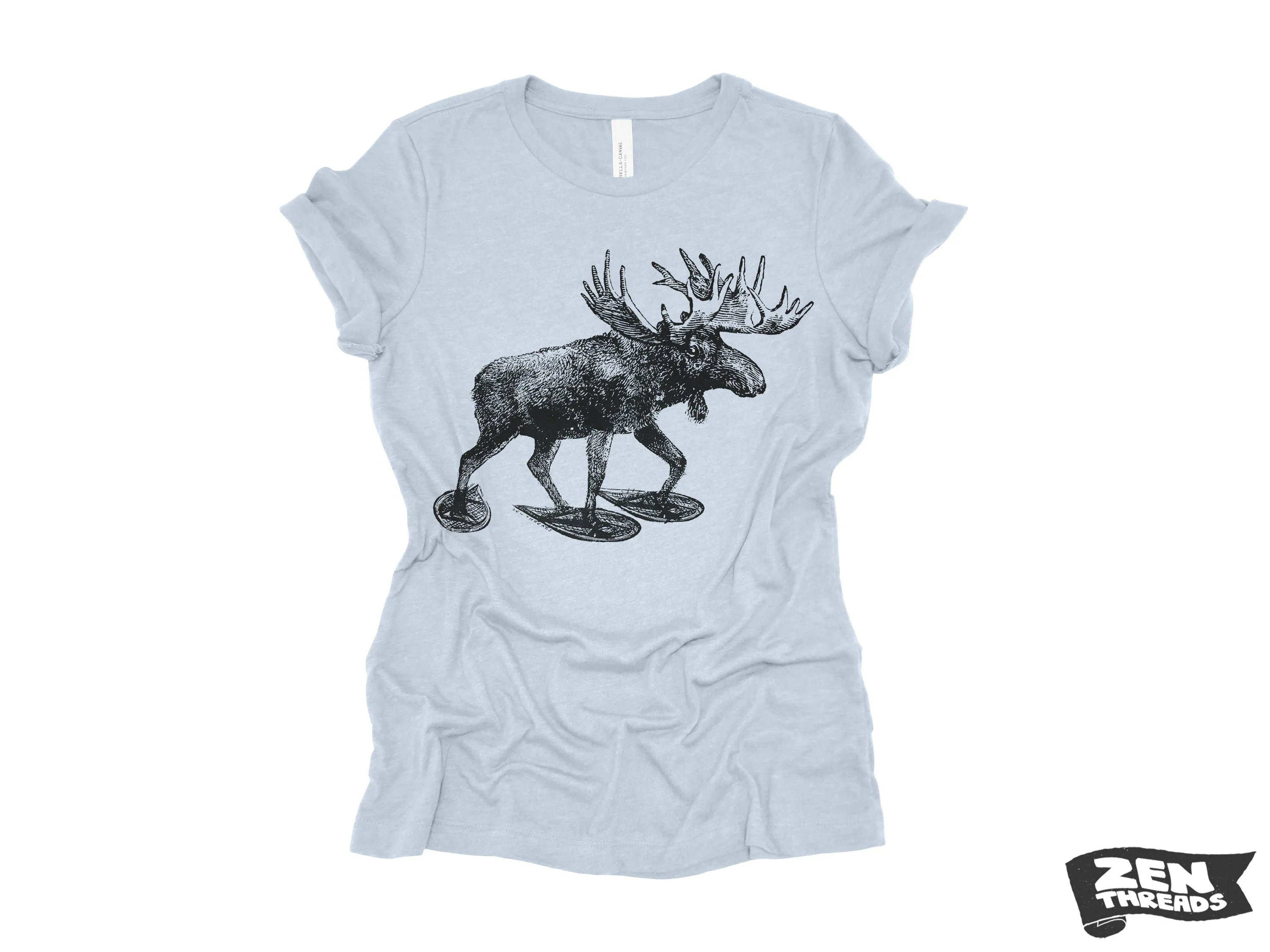 Womens MOOSE (in Snow Shoes) eco soft printed ladies relaxed crew tee nature lover outdoors animal elk deer antlers tee ladies hiking deer