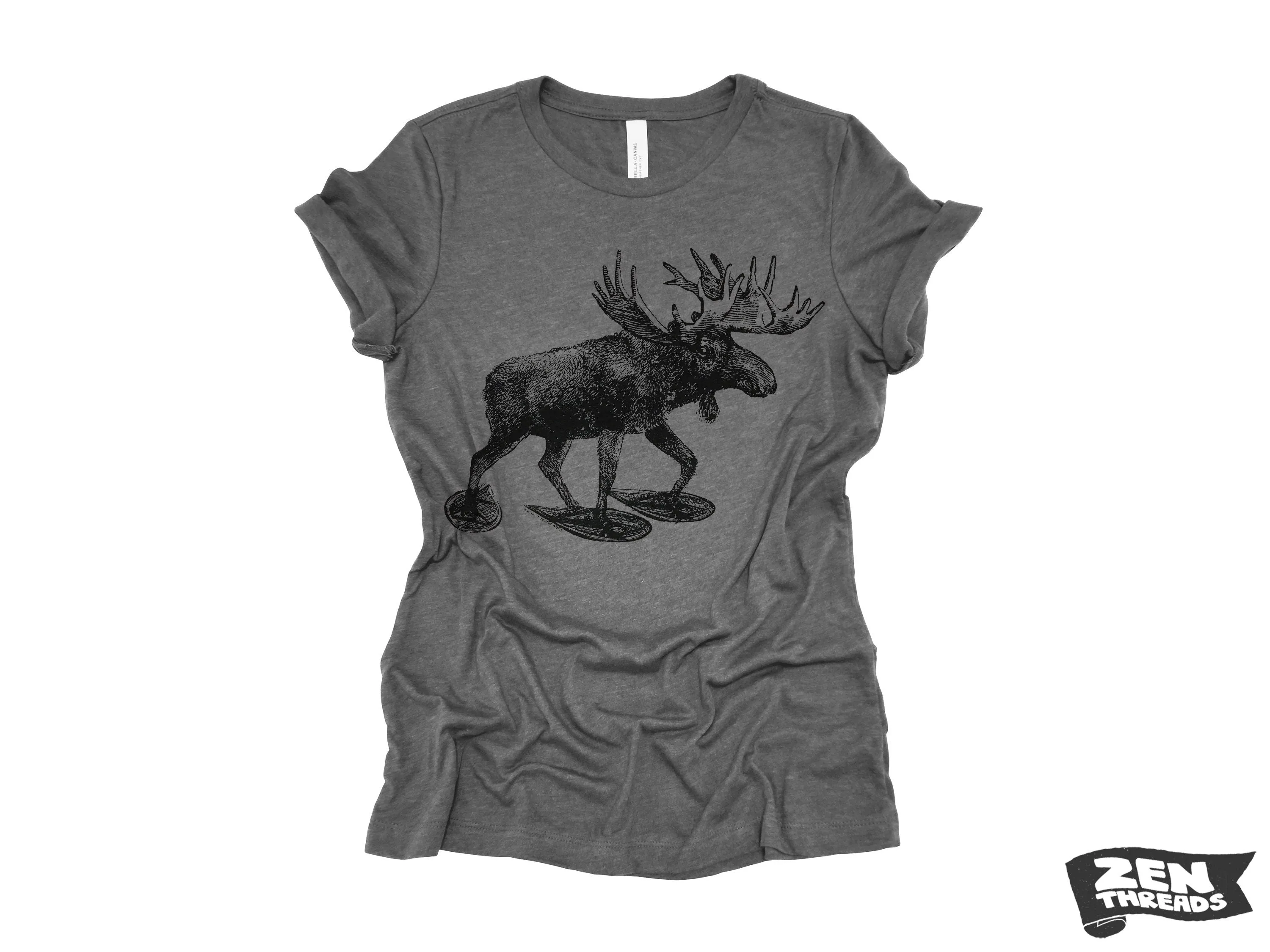 Womens MOOSE (in Snow Shoes) eco soft printed ladies relaxed crew tee nature lover outdoors animal elk deer antlers tee ladies hiking deer